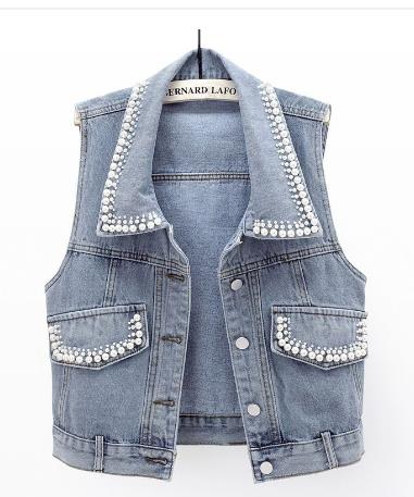 Denim Jacket Gilet Women Spring Summer 2024 New Slim Pearls Beading Sleeveless Jacket Ladies Short Casual Vest Outwear Tops - Blue / XL