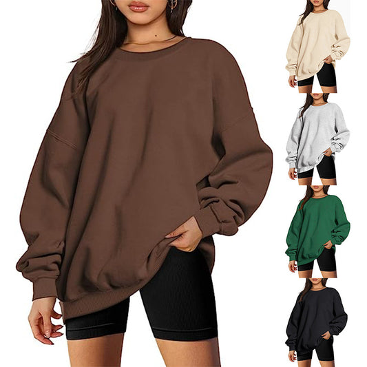 Women Sweatshirt Round Neck Pure Color Pullover Long Sleeve Sports Hoodies Loose Tops Slim Fit Office Lady Autumn Casual