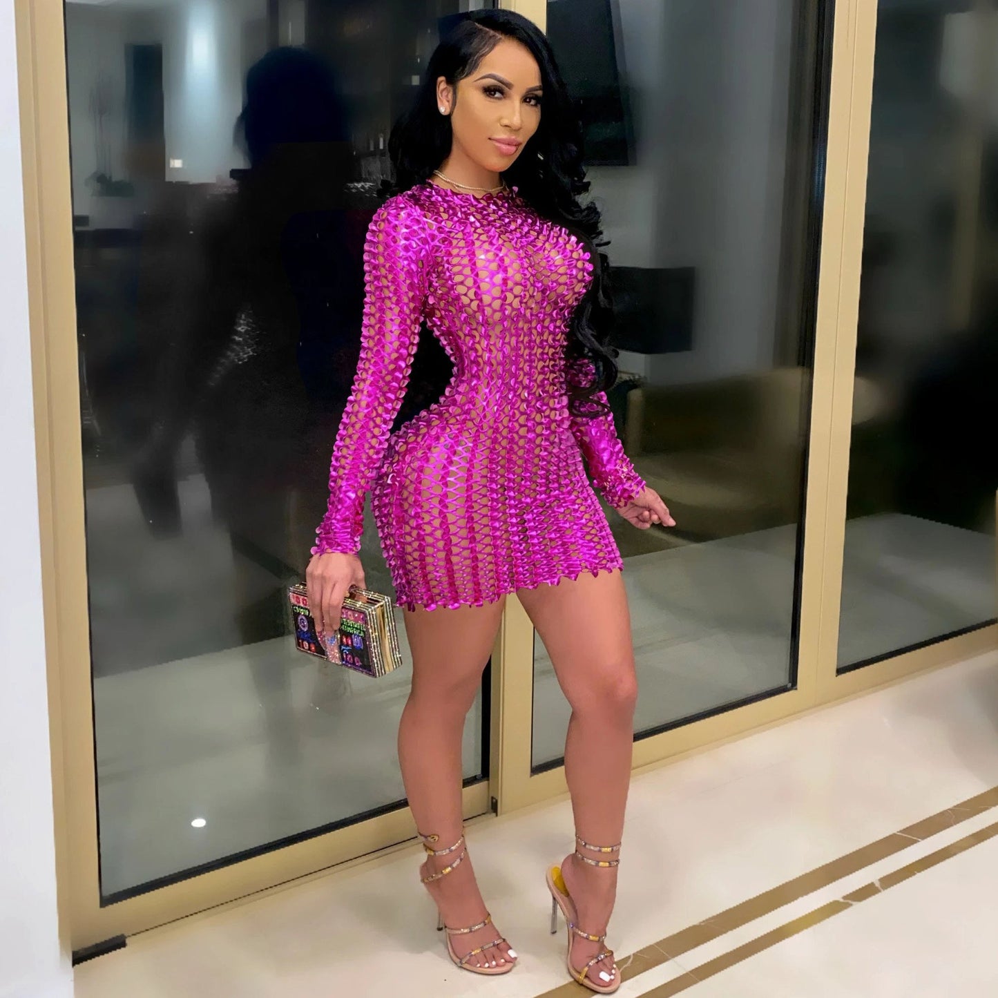 Hollow Bright Color Fashion Sheath Nightclub Dress