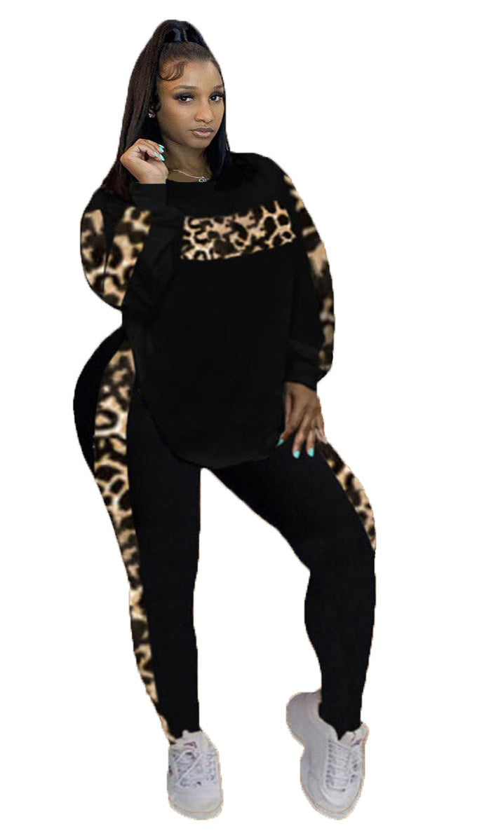 L-4XL Fall Leopard Pants Sets Women Clothing Plus Size Two Piece Outfits Long Sleeve Top Sweatpants Matching Suits