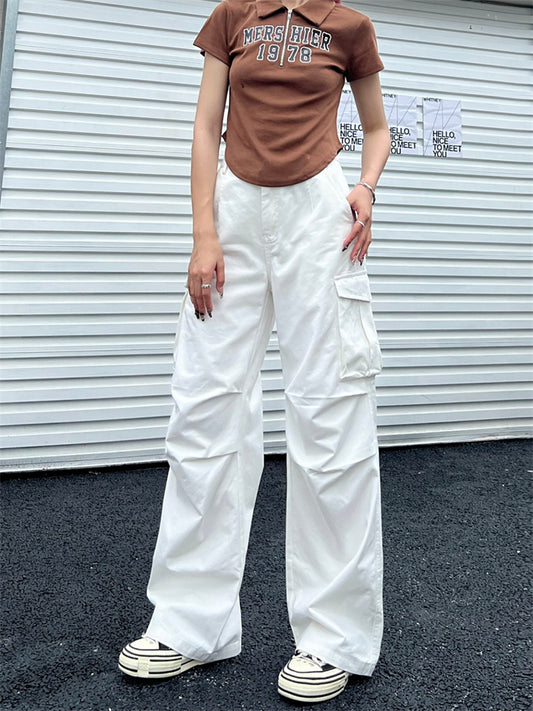 Deeptown Y2K Vintage White Cargo Pants Women Korean Style Brown Wide Leg Trousers Oversized Streetwear Retro Basic Pantalones