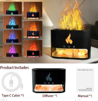 Fireplace Humidifier Himalayan Crystal Salt Rock Fire Lamp Volcano Air Humidifier Flame Aroma Smell Essential Oil Diffuser for Home 5V 2A