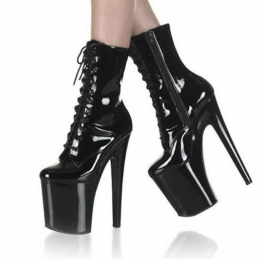 Women's High Heel Platform Lace-Up Patent Leather Short Boots