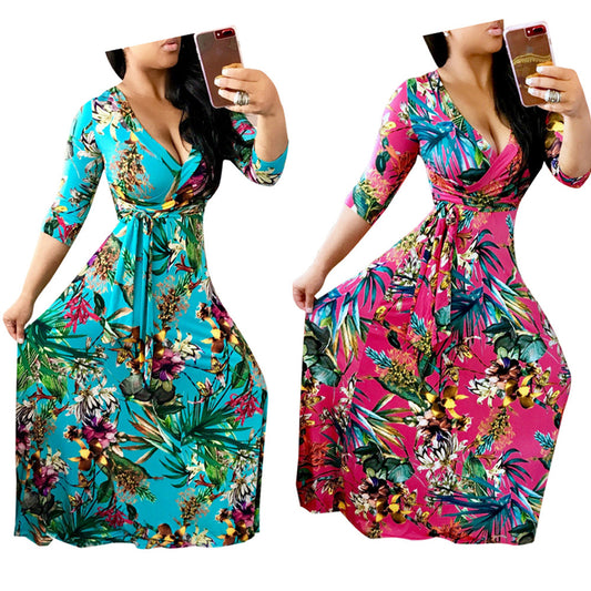YM-8152 European and American women's sexy V-neck beautiful print large size and floor dress