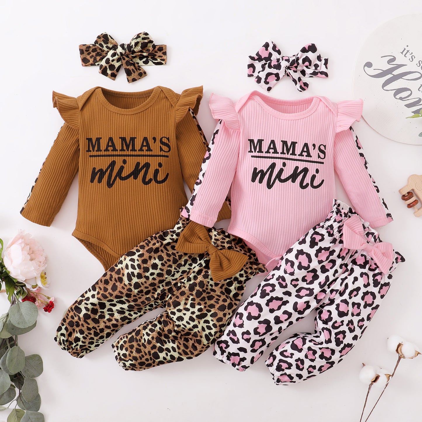Newborn Clothes Baby Girl Clothes Sets Infant Outfit Ruffles Romper Top Bow Leopard Pants New Born Toddler Clothing
