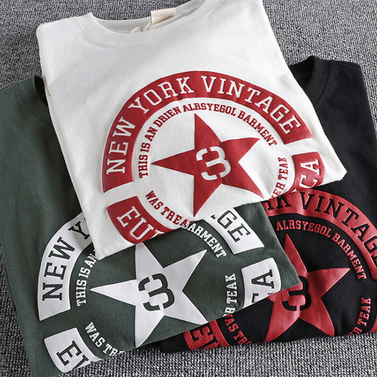 Men Pentagram O-Neck Short Sleeve Letter Print T-Shirt 100% Cotton, Old Washed Casual Tops, American Retro Fashion, New, Summer