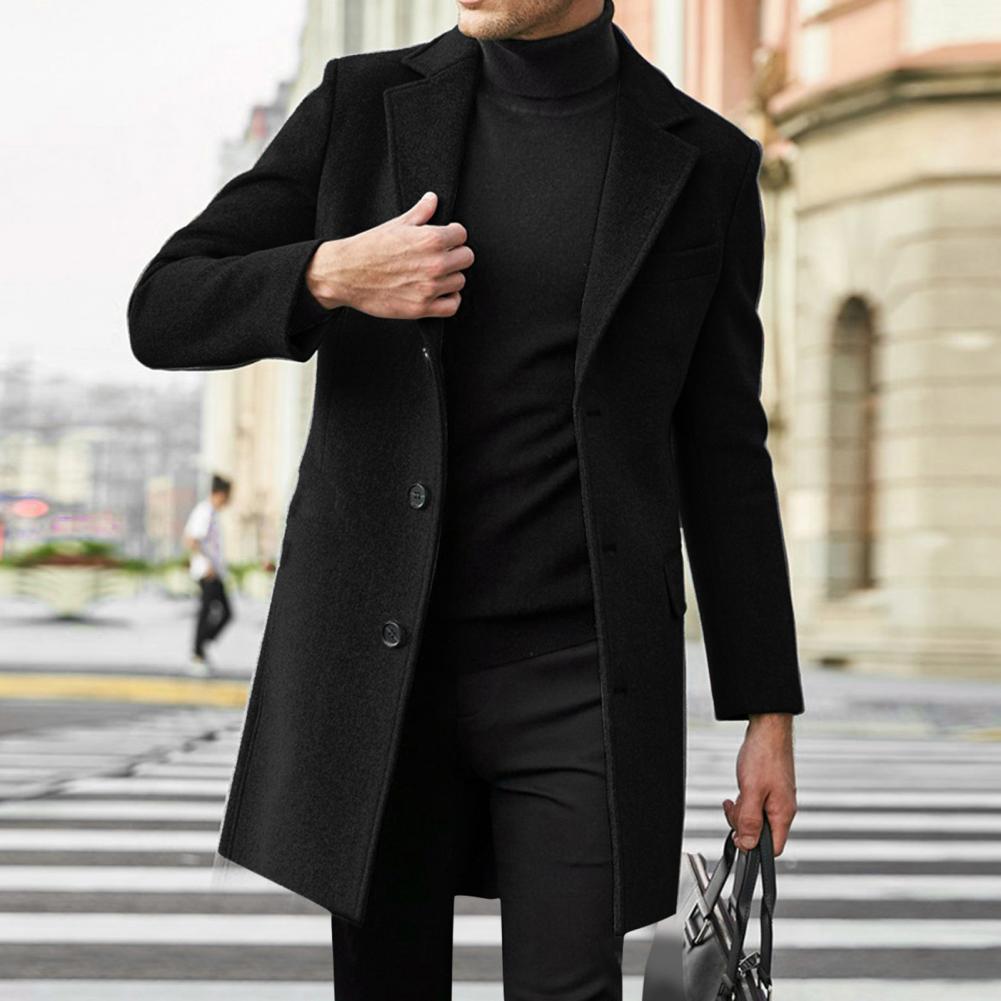 Men Slim Fit Overcoat Solid Color Single Breasted Lapel Long Coat Jacket Winter Men's Woolen Coats Casual Overcoat Male Outwear