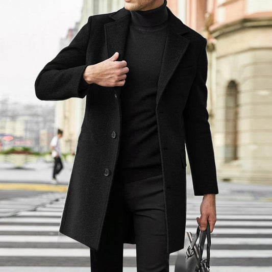 Men Slim Fit Overcoat Solid Color Single Breasted Lapel Long Coat Jacket Winter Men's Woolen Coats Casual Overcoat Male Outwear