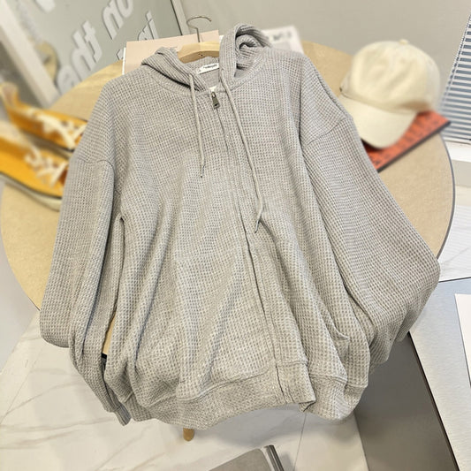 Women's Sweaters Cardigan Autumn and Winter Thermal Windproof Tops Waffle Zipper Pullovers
