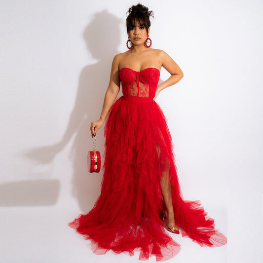 Women's Dress: European and American Perspective Mesh Bra with Hollow Abdomen and Floor Sweeping Long Dresses Suitable for Wedding, Large Banquets, Parties, Etc