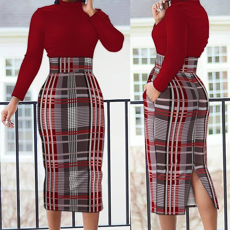 Long Sleeve High Neck Split Waist Sheath Dress