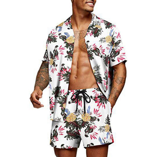 New Loose Fit Hawaiian Style Youth Floral Print Casual Shorts Shirt Set Two-Piece Suit For Men