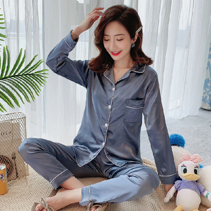 Imitation Silk Pajamas Women's Autumn Long-sleeved Ice Silk Two-piece Set Korean Casual Cardigan Silk Pajamas Outwear Home Clothes