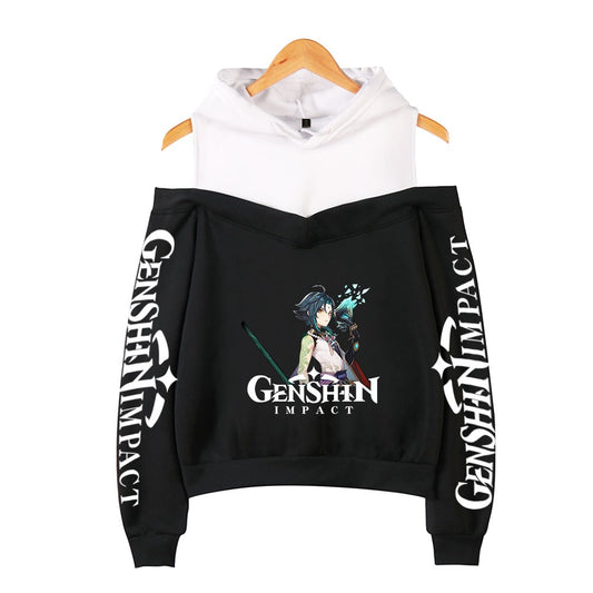 Genshin Impact Hoodies Women's Off-shoulder Hoodie Sweatshirt Autumn Winter Hoodie Harajuku Cartoon Xiao Off-shoulder Sweatshirt