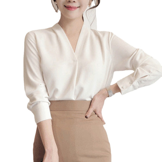 2023 Korean Style Deep V-neck OL Loose Women Tops Summer Long Sleeve White Shirt Office Lady Solid Chiffon Blouse Female 9382 50