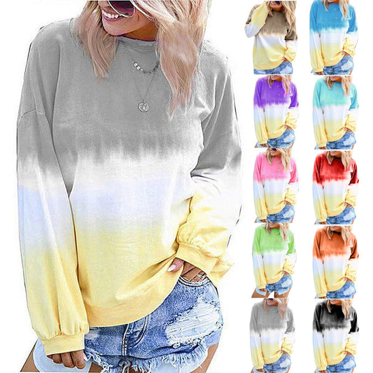 Women's Autumn and Winter Top Rainbow Gradient Print Long sleeved Sweatshirt Sweats Casual O-Neck Gradient Contrast Color