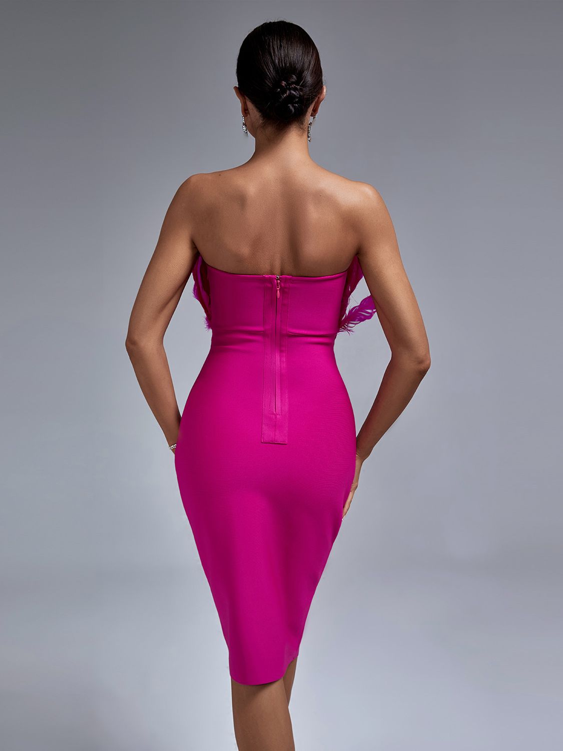 Pink Bandage Dress Women Feather Party Dress Bodycon Elegant Midi Sexy Strapless Evening Birthday Club Outfits Summer 2023