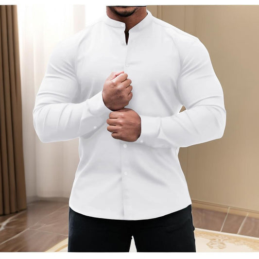 Men's Solid Color Sports Casual Cardigan Slim Fit Micro Elastic Long Sleeve Casual Button Shirt