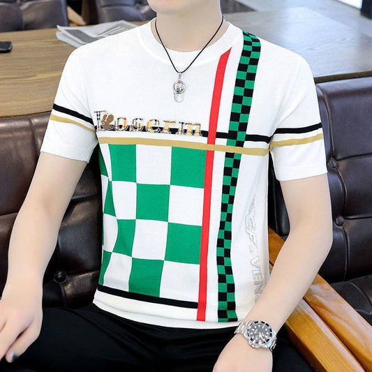 Men's Knitted Crewneck Ice Silk Short-sleeved T-shirt Summer Korean Style Fashion Plaid Knitted Trendy Half-sleeved Slim-fit T-shirt for Men