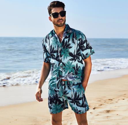 Men floral shirt short-sleeved suit men loose vacation shirt shorts men two-piece suit