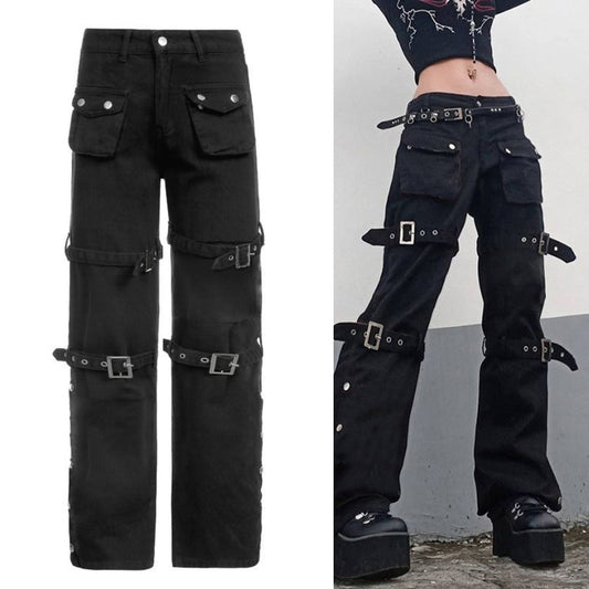 Women Black Cargo Jeans with Multi Pockets Metal Buckle Belt Straight Trousers Dropship