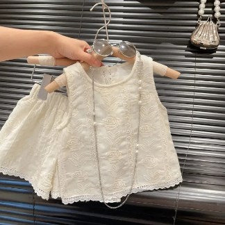Summer Children Baby Girl 2PC Clothes Set Cotton Hollow Lace Sleeveless Vest Elastic Waist Shorts Suit Toddler Girls Outfit
