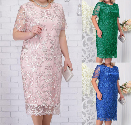New Large Size Women's Dress Stitching Embroidered Lace Slim-fit Cocktail Dress