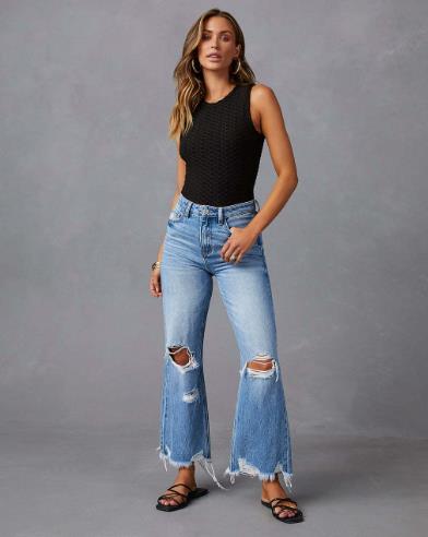 Distressed Raw Hem Jeans with Pockets