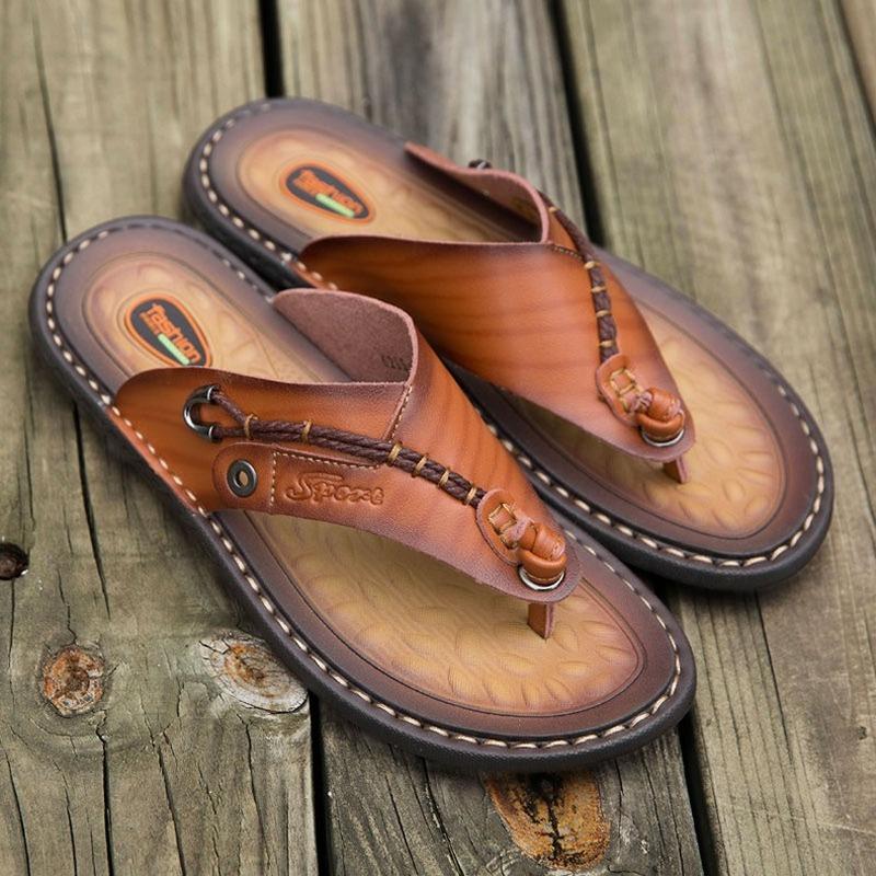 New summer handmade leather flip-flops trendy fashion men's flip-flops outdoor breathable comfortable men