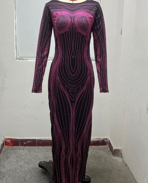 New Fall Women's Clothing Long Sleeve Round Neck Fashion Printed Slim Fit Sheath Bottom Dress