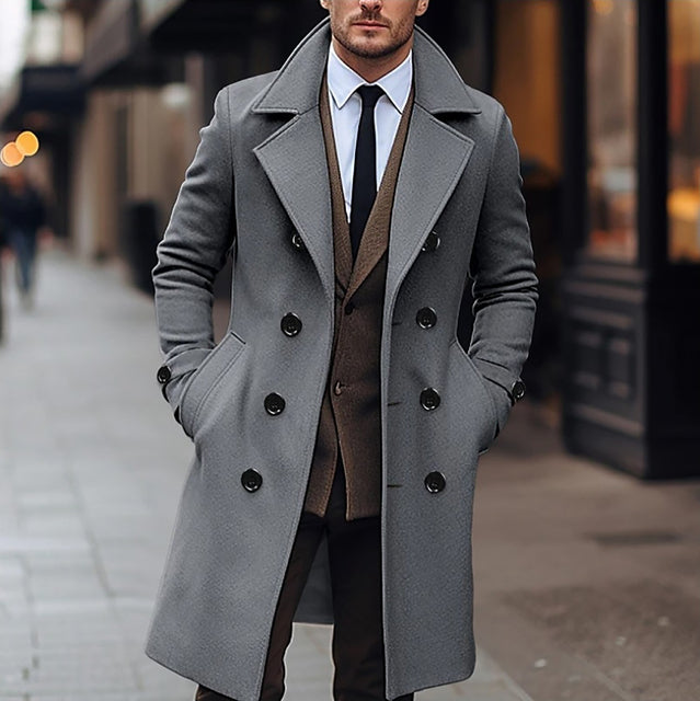 Men's Casual Woolen Coat Double-breasted Long Stylish Autumn Winter Coat