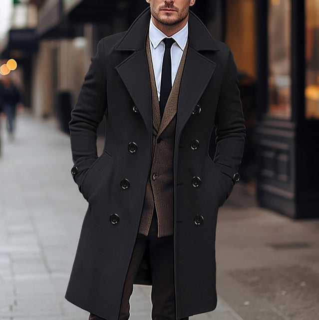 Men's Casual Woolen Coat Double-breasted Long Stylish Autumn Winter Coat