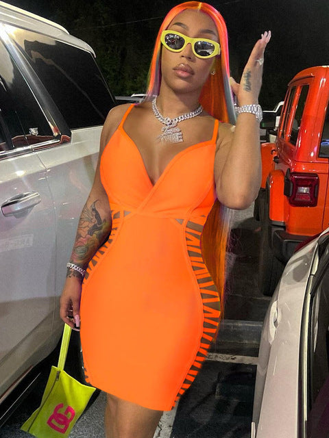 Ladies Solid Color Sleeveless Low-Cut Skinny Bilateral Hollow Suspender Skirt Summer City Sexy Joker Suspender Dress