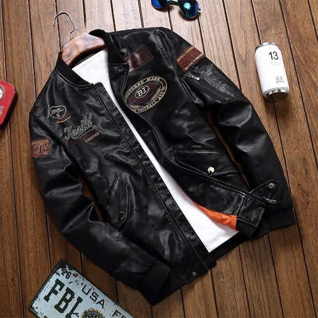 Men's Clothing Autumn and Winter Air Force Pilot PU Leather Jacket Flight Suit Multi-standard Embroidery Leather Motorcycle Suit