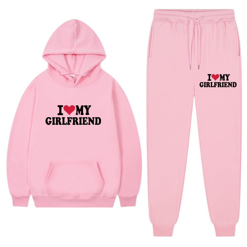 I love my girlfriend print casual suit sweatshirt 2023 New Fashion men long sleeve hoodie trousers