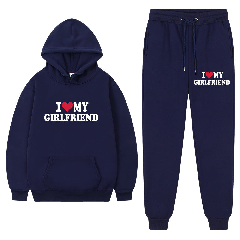 I love my girlfriend print casual suit sweatshirt 2023 New Fashion men long sleeve hoodie trousers
