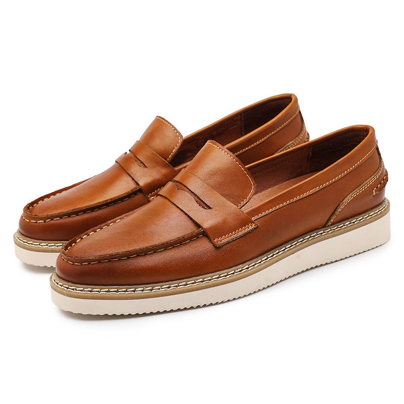 Men's Loafers Breathable Top Layer Cowhide Business Men's Shoes Round Toe Thick-soled Casual Shoes Non-slip Retro Yacht Shoes
