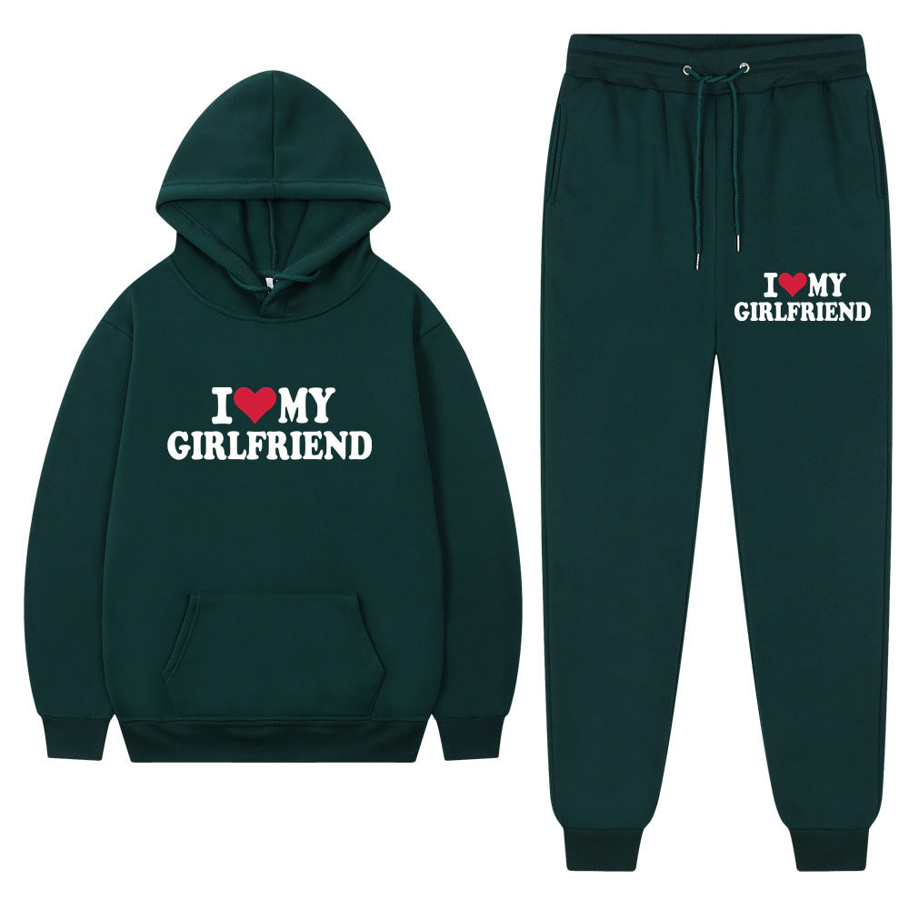 I love my girlfriend print casual suit sweatshirt 2023 New Fashion men long sleeve hoodie trousers