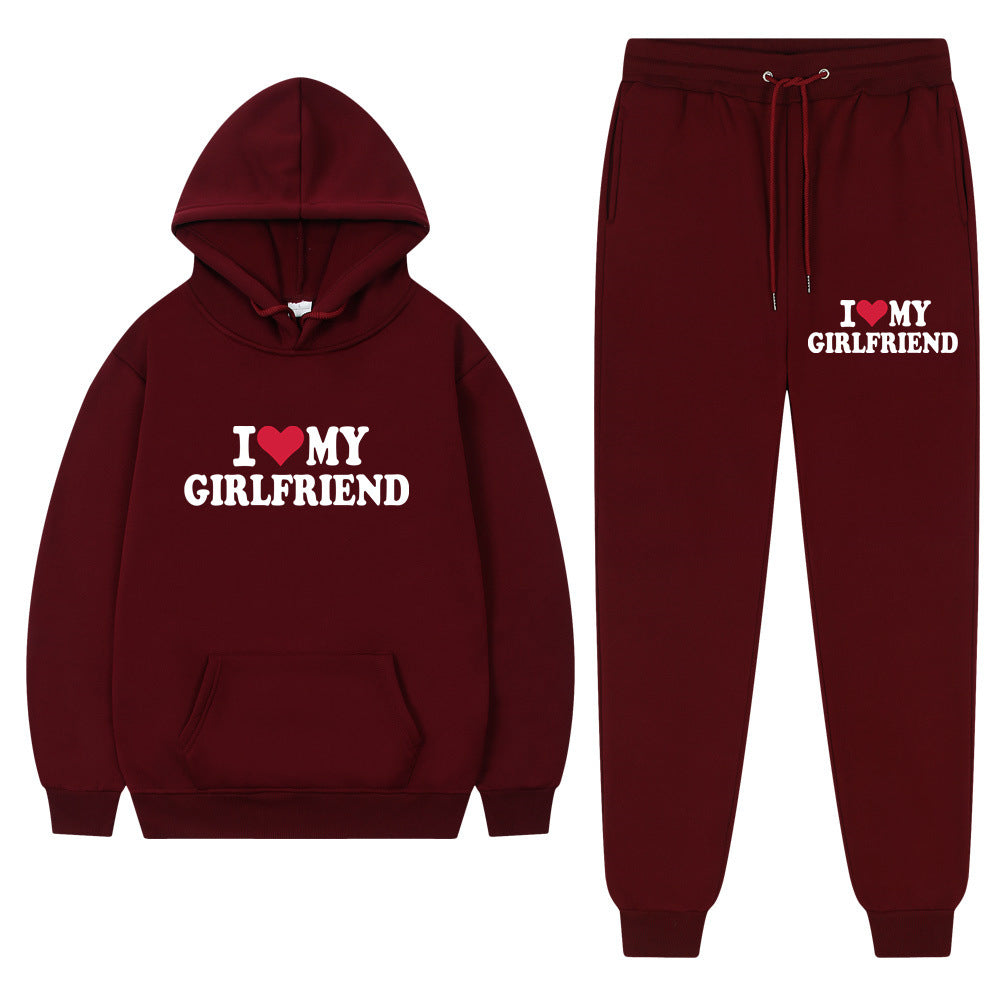 I love my girlfriend print casual suit sweatshirt 2023 New Fashion men long sleeve hoodie trousers