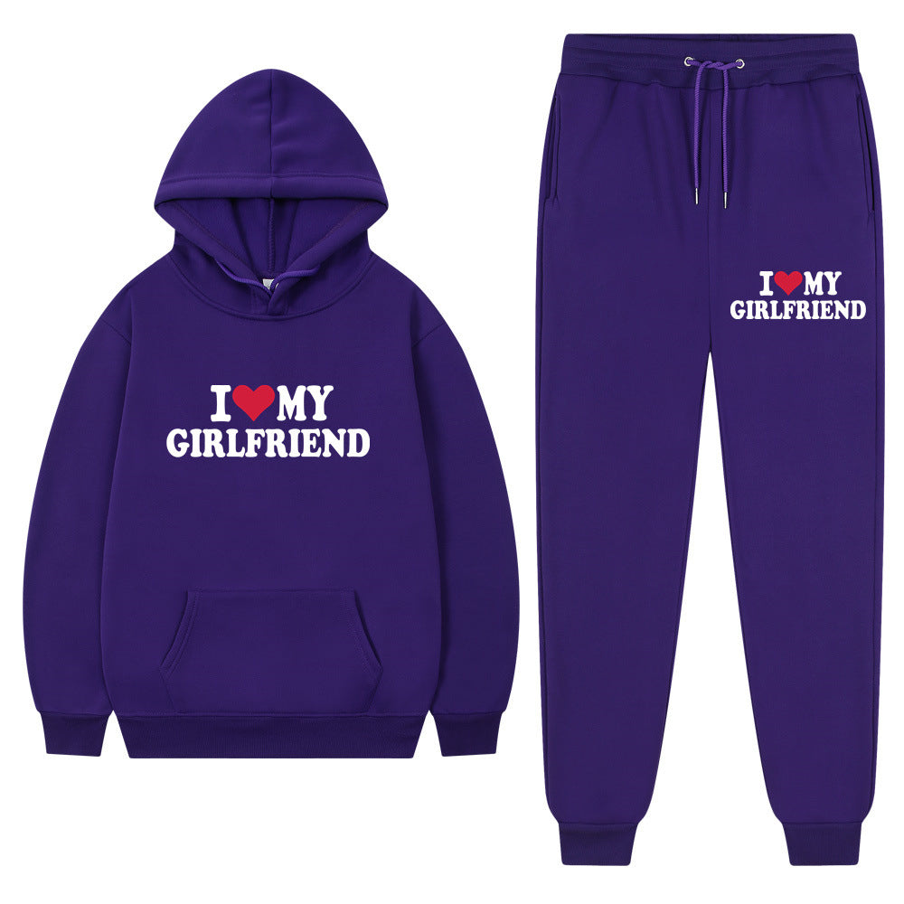 I love my girlfriend print casual suit sweatshirt 2023 New Fashion men long sleeve hoodie trousers