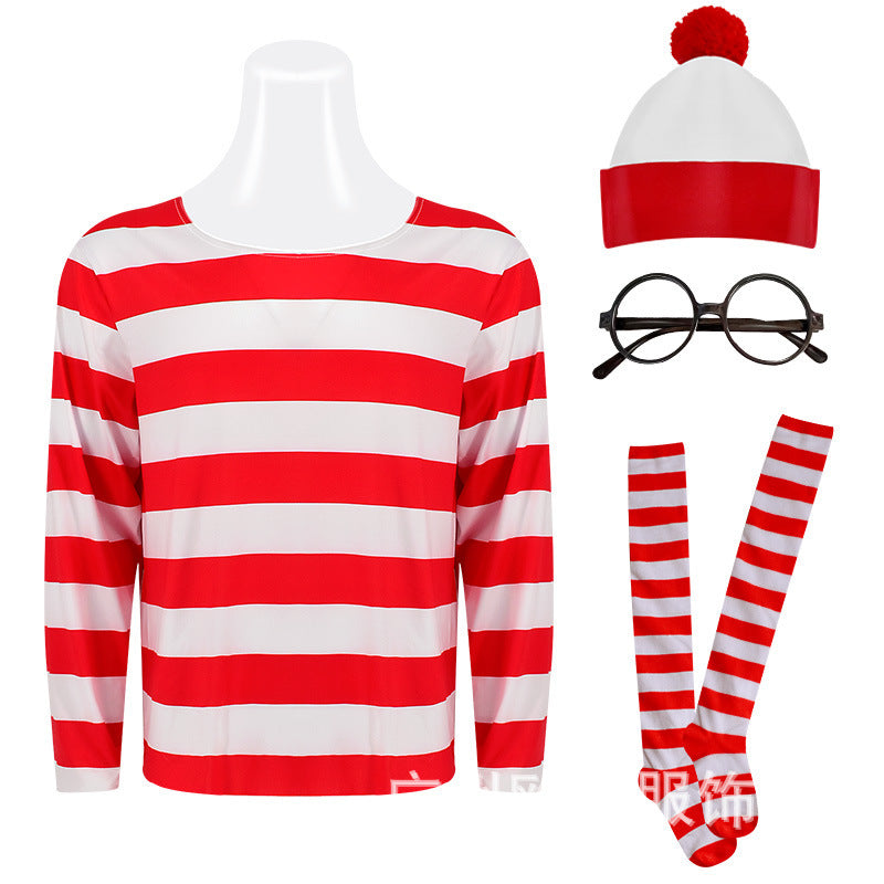 Anime clever Wally Where's Wally parent-child outfit cosplay costume All Saints play costume in stock