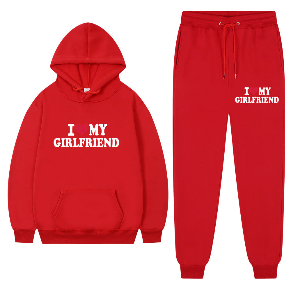 I love my girlfriend print casual suit sweatshirt 2023 New Fashion men long sleeve hoodie trousers
