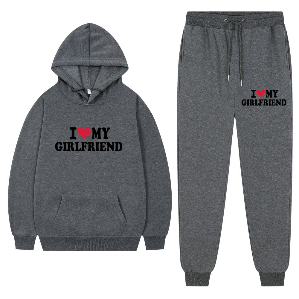 I love my girlfriend print casual suit sweatshirt 2023 New Fashion men long sleeve hoodie trousers