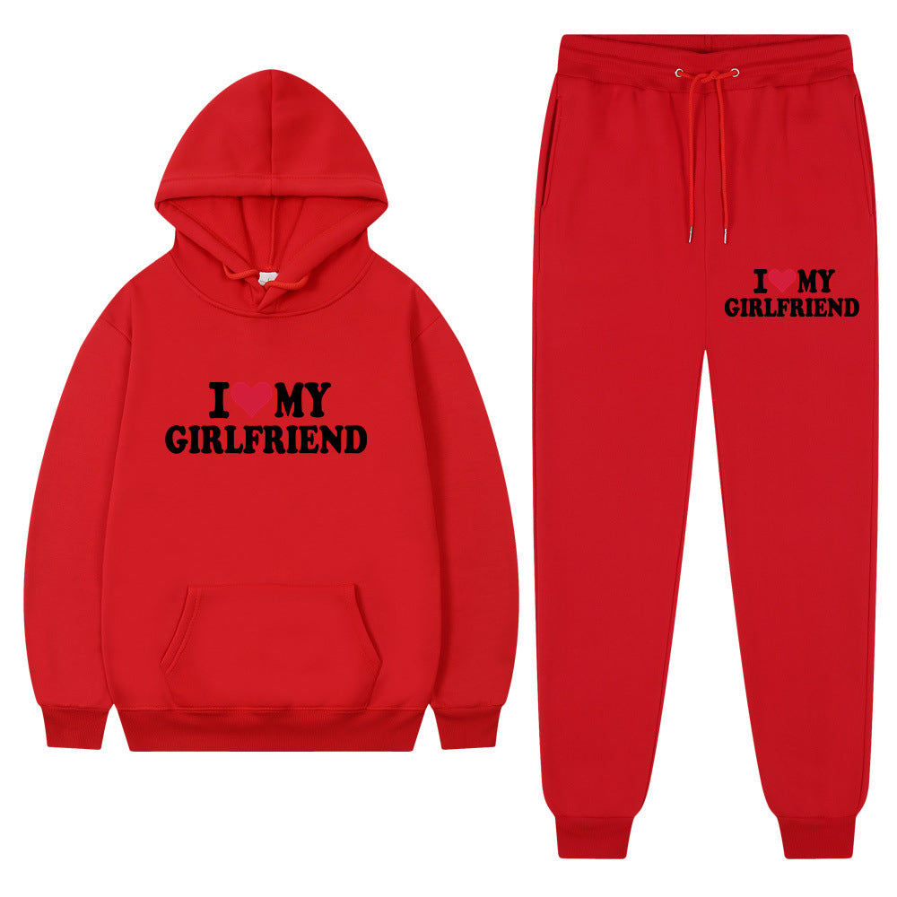 I love my girlfriend print casual suit sweatshirt 2023 New Fashion men long sleeve hoodie trousers