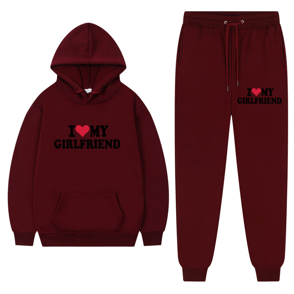 I love my girlfriend print casual suit sweatshirt 2023 New Fashion men long sleeve hoodie trousers
