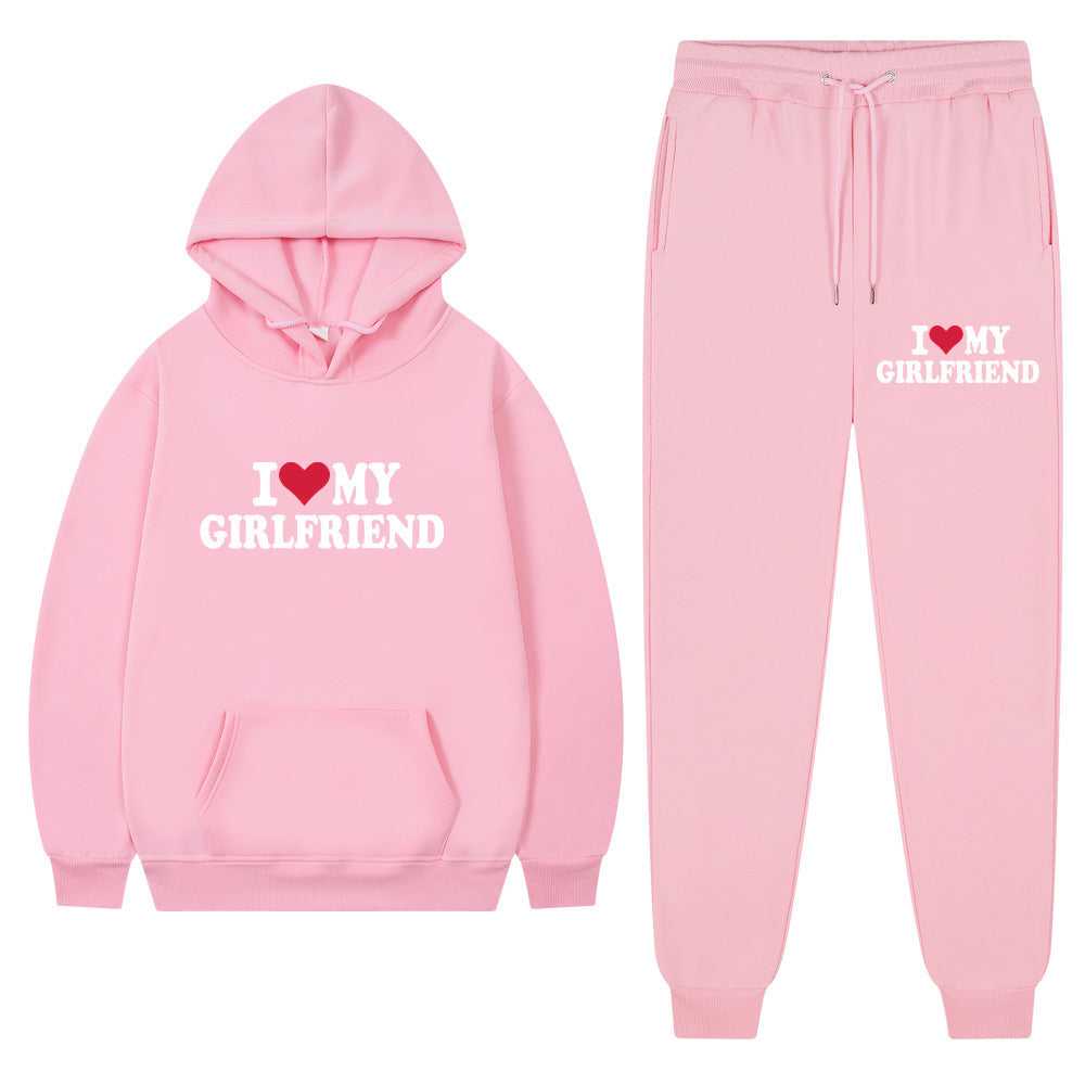 I love my girlfriend print casual suit sweatshirt 2023 New Fashion men long sleeve hoodie trousers