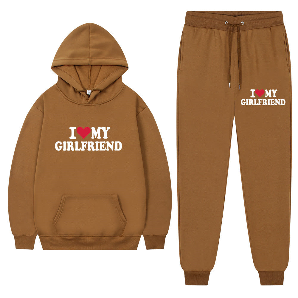 I love my girlfriend print casual suit sweatshirt 2023 New Fashion men long sleeve hoodie trousers