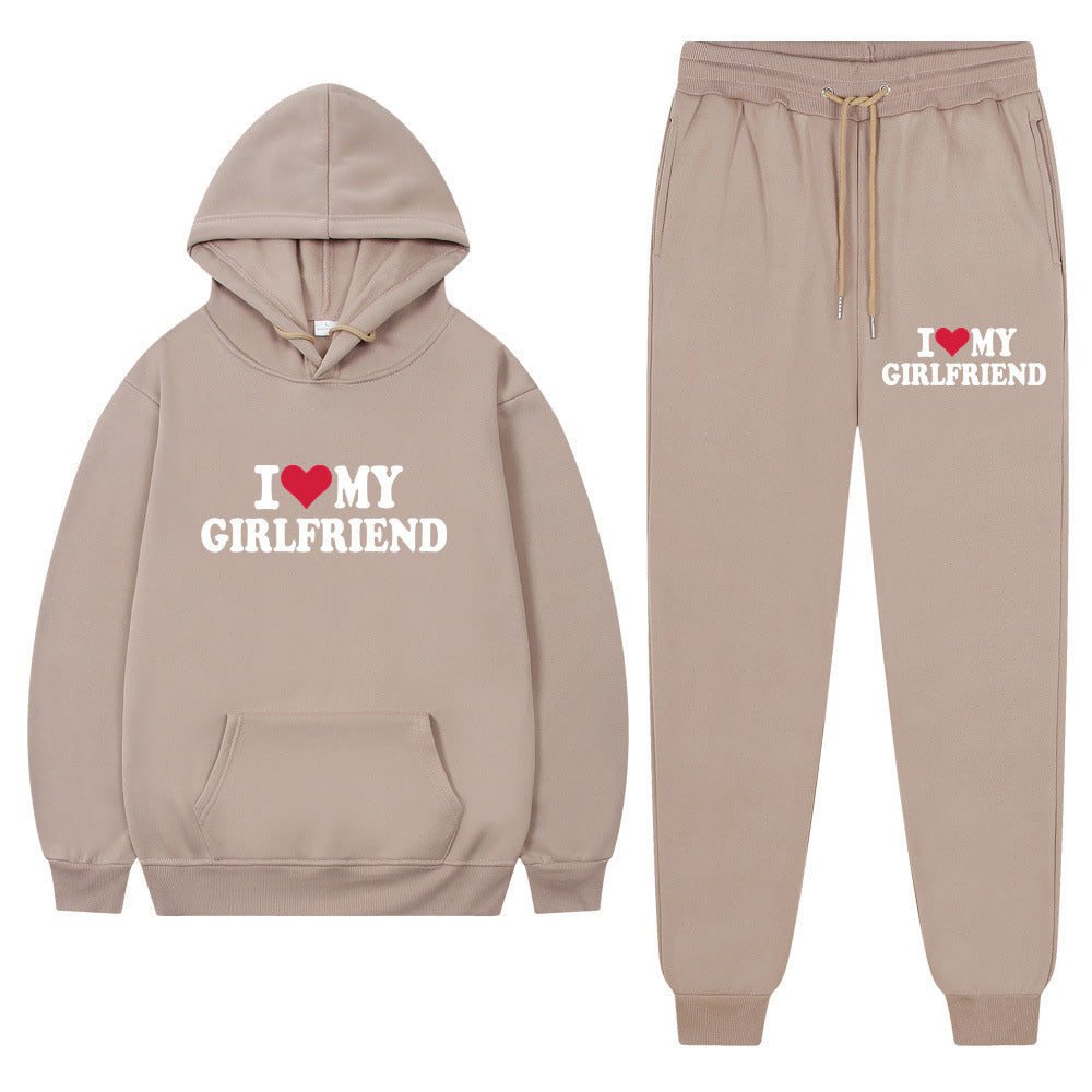 I love my girlfriend print casual suit sweatshirt 2023 New Fashion men long sleeve hoodie trousers