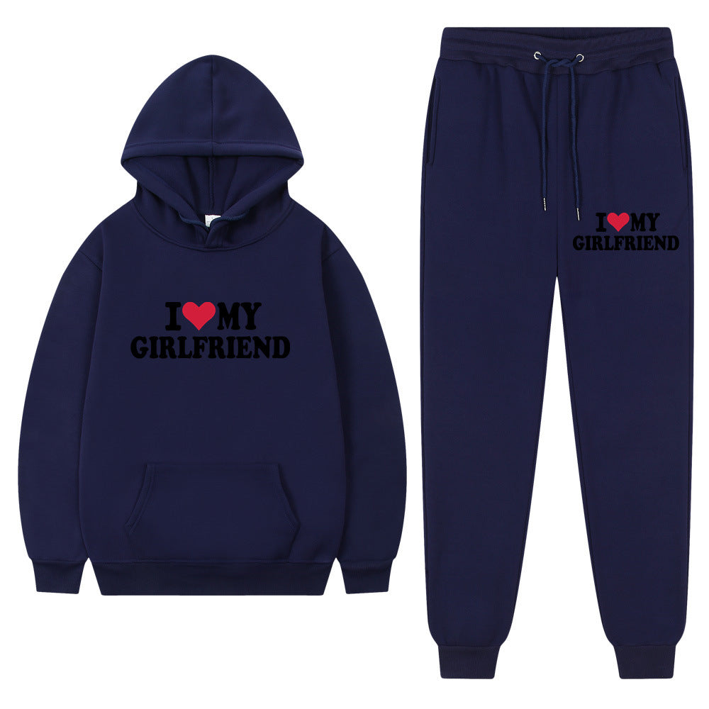 I love my girlfriend print casual suit sweatshirt 2023 New Fashion men long sleeve hoodie trousers