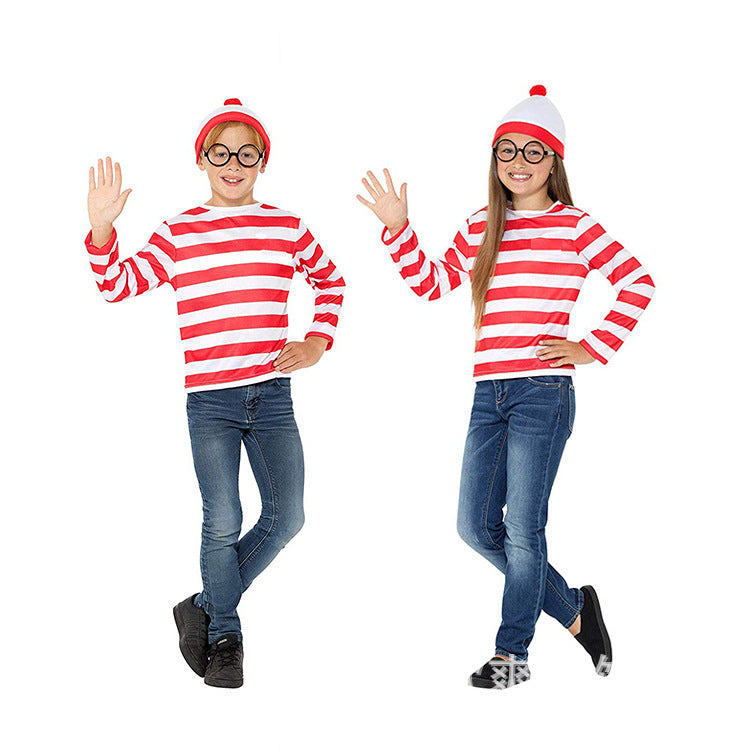 Anime clever Wally Where's Wally parent-child outfit cosplay costume All Saints play costume in stock